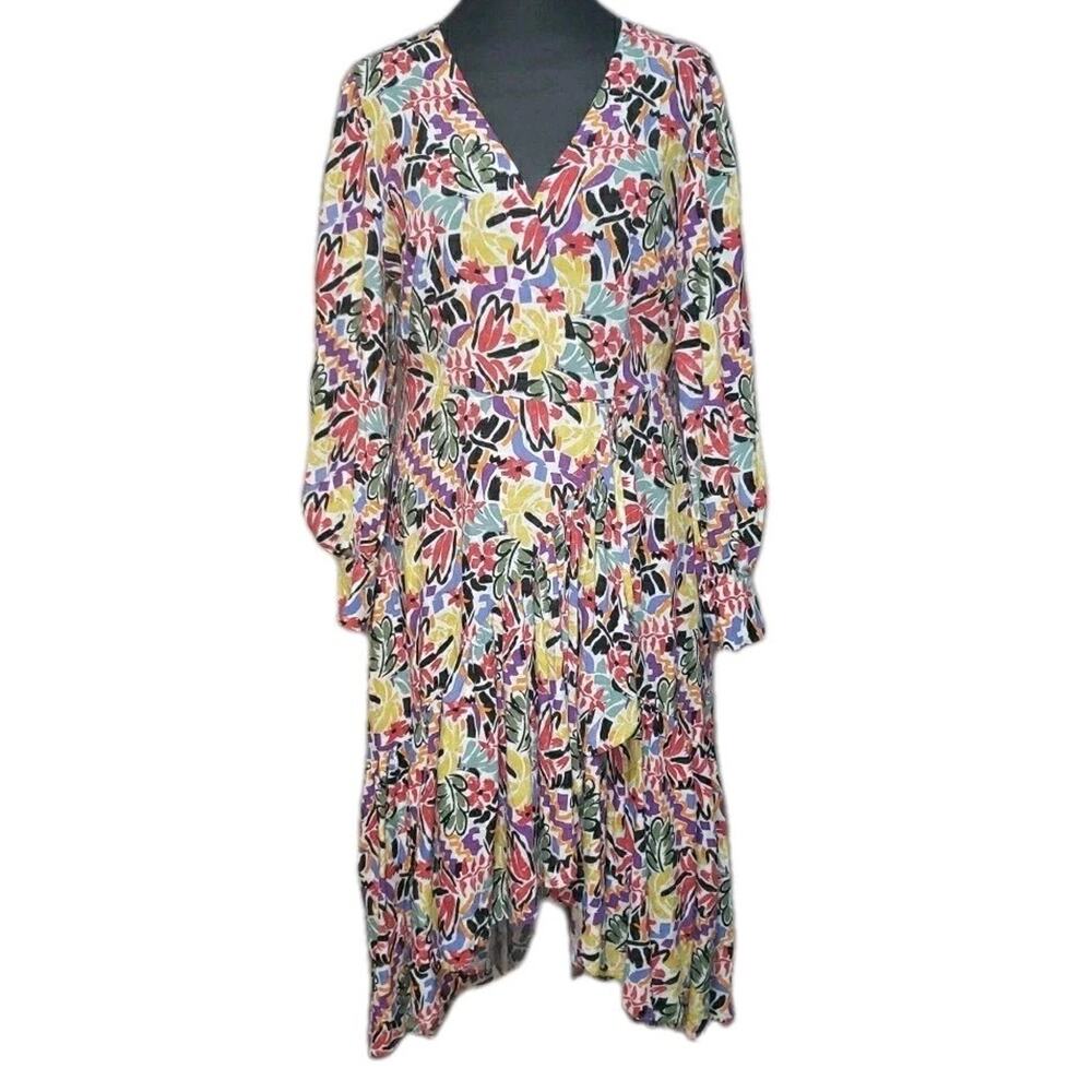 Eloquii Size 14 Abstract Floral Dress Long Puff Sleeve Asymmetrical Ruffle Hem